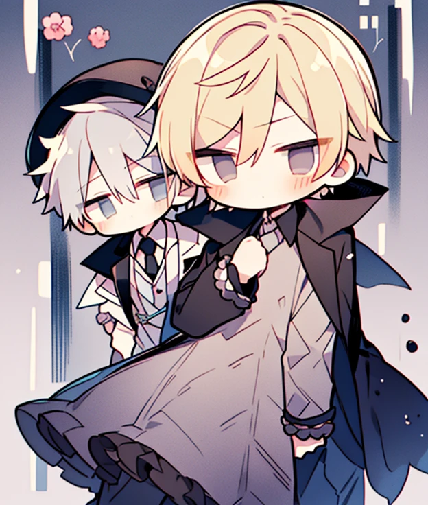 chibi 2boys pastel colors gradient flat chest yaoi gay boys love gothic rose blonde silver hair gray eyes black eyes aesthetic angry