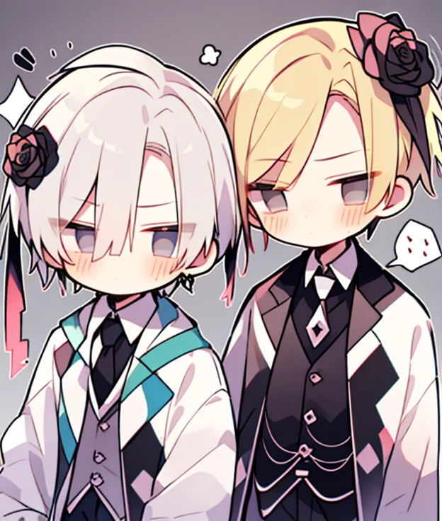 chibi 2boys pastel colors gradient flat chest yaoi gay boys love gothic rose blonde silver hair gray eyes black eyes aesthetic angry