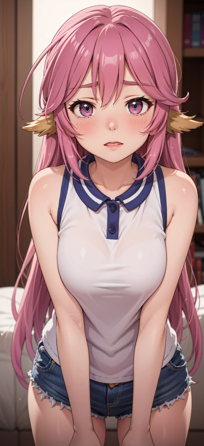 Jibril, (standing straight), blushed, perfect anatomy, detailed eyes, detailed lips, extremely detailed eyes and face, vivid colors, sharp focus, masterpiece:1.2, ultra-detailed, blushed, ((doggystyle)), (solo), sleeveless, fashion.