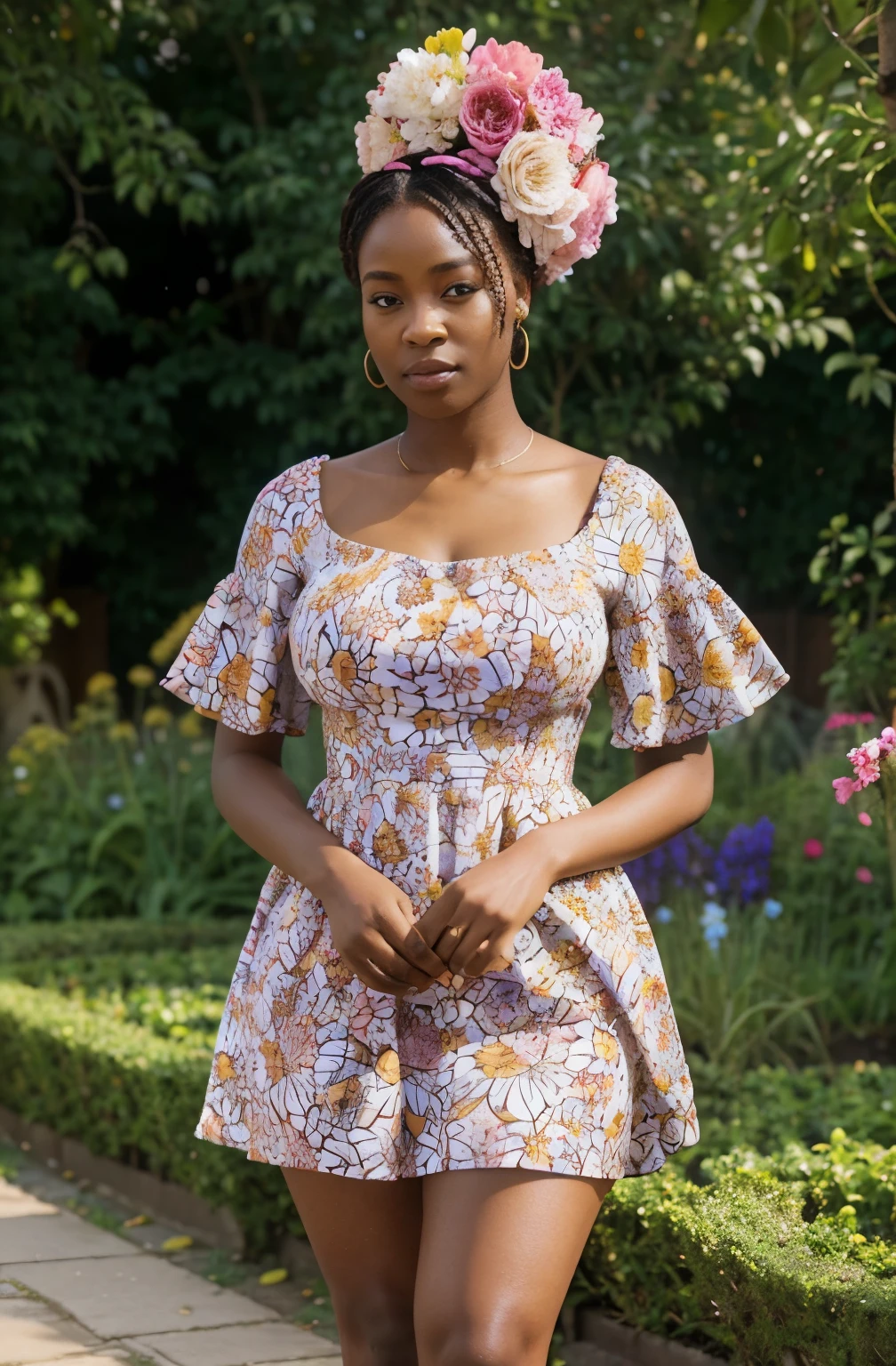 Create a realistic depiction of an African lady who is smartly dressed in beautiful floral dress, in a garden full of colorful flowers. Her outfit should prominently feature white and pink color . She should have a very thick build and appear realistic."