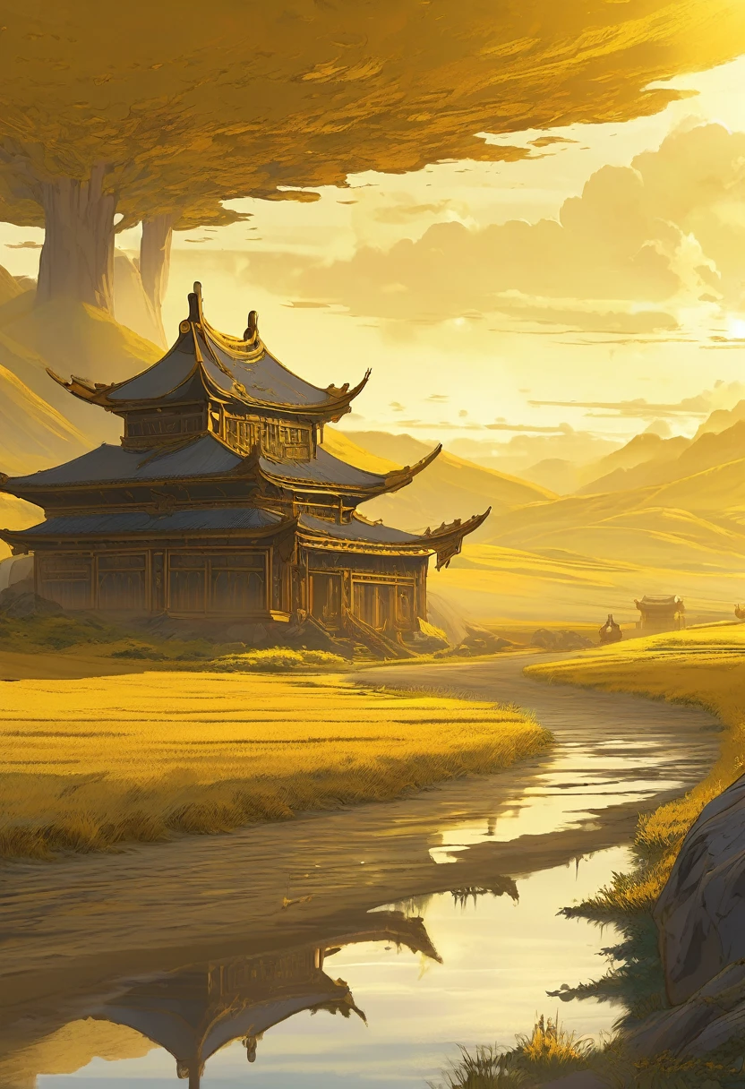Nomadic Plains Caravan, A large ancient chinese trade caravan with countless wagons traveling through the golden mythical northern plains, Golden Mongolian Mythical Landscape, Golden color scheme only, Golden colors only, Golden, Made in Abyss, Stormlight Archive, Studio Ghibli, Anime Key Visual, by Makoto Shinkai, Deep Color, Intricate, 8k resolution concept art, Natural Lighting, Beautiful Composition, Xianxia style