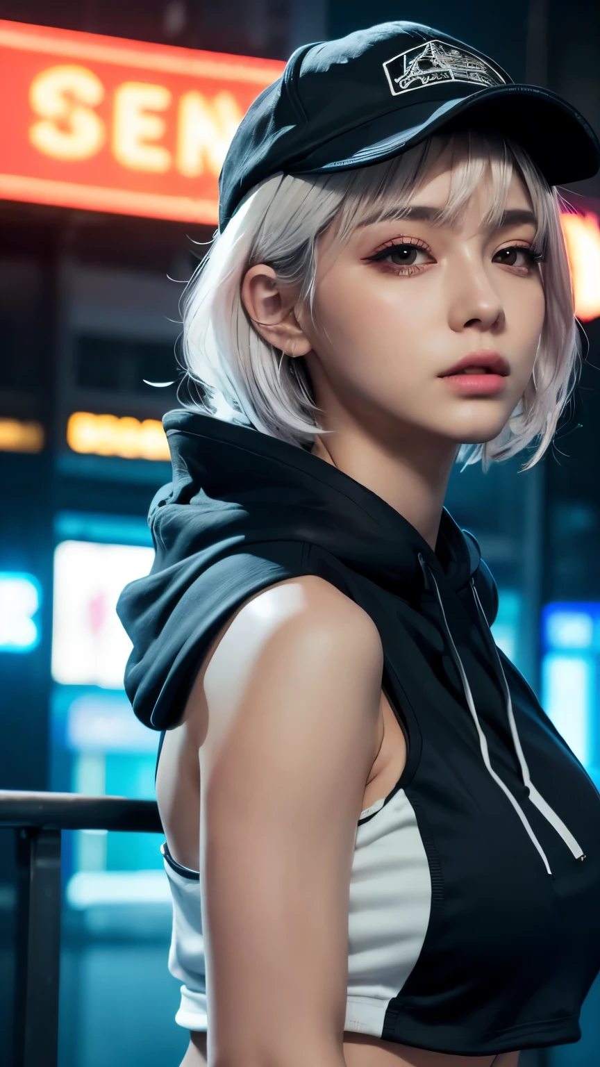 masterpiece, Highest quality, Very detailed, 8k, Realistic, One Girl, alone, Tomboy, Very detailed face, (head shot:1.5), Cyberpunk neon lit futuristic city、Neon lights illuminate the scene, at night, Cyberpunk art, 32K, Ultra HD, Unreal Engine Rendering, Cinema Lighting,Pixie cut white hair, He is wearing a short tank top and an open-zipped hoodie.....,I can see your chest,Nice ass,Wear a New Era cap