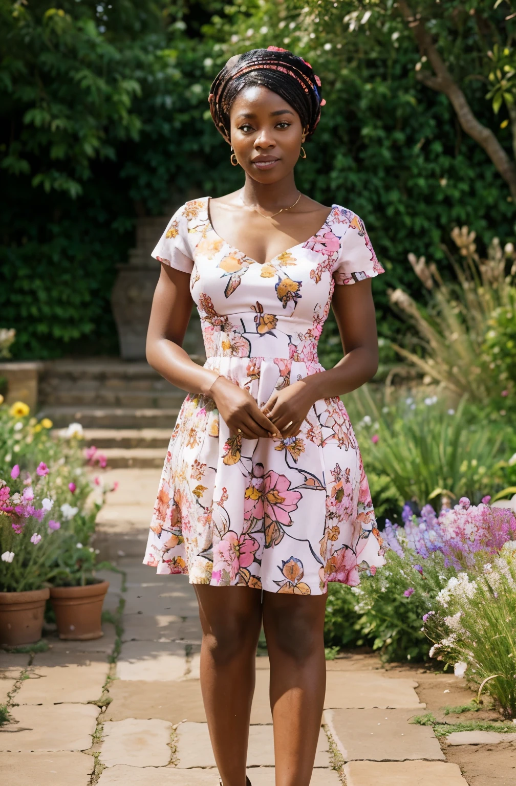 Create a realistic depiction of an African lady who is smartly dressed in beautiful floral dress, in a garden full of colorful flowers. Her outfit should prominently feature white and pink color . She should have a very thick build and appear realistic."