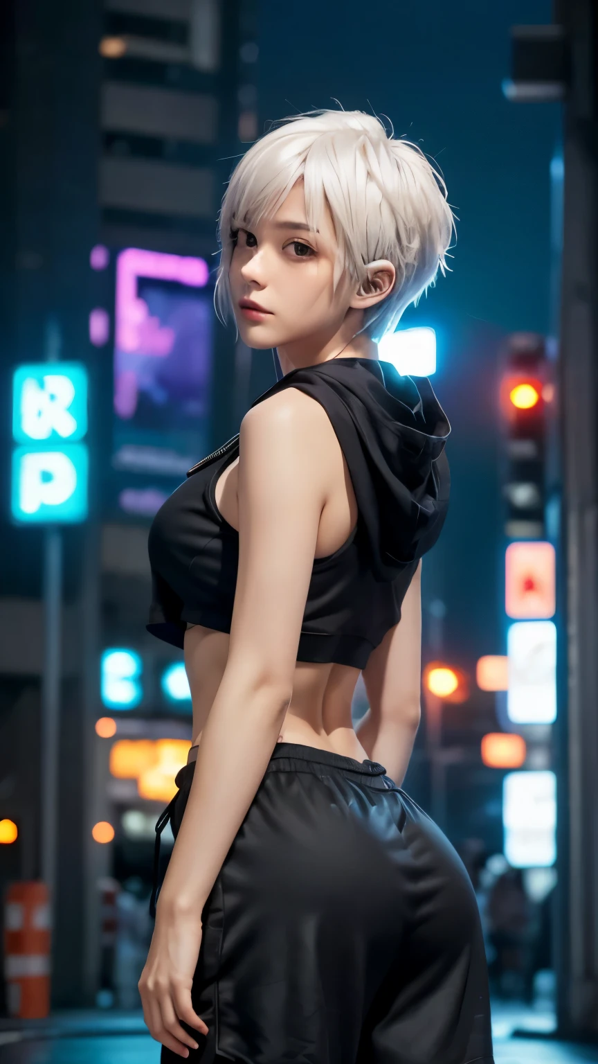 masterpiece, Highest quality, Very detailed, 8k, Realistic, One Girl, alone, Tomboy, Very detailed face, (head shot:1.5), Cyberpunk neon lit futuristic city、Neon lights illuminate the scene, at night, Cyberpunk art, 32K, Ultra HD, Unreal Engine Rendering, Cinema Lighting,Pixie cut white hair, He is wearing a short tank top and an open-zipped hoodie.....,I can see your chest,Nice ass,Wear a New Era cap