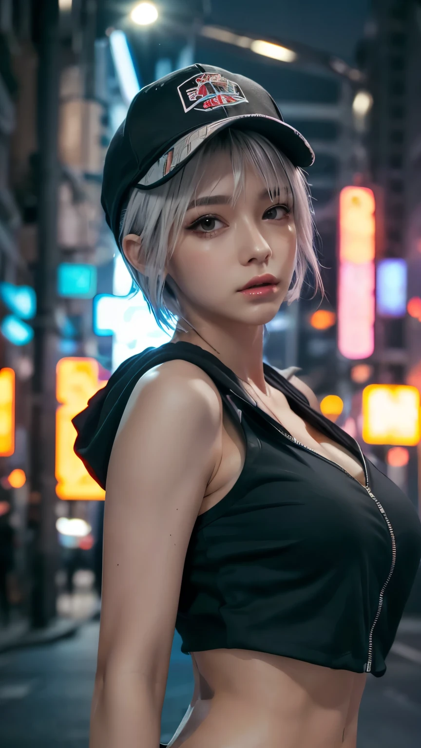 masterpiece, Highest quality, Very detailed, 8k, Realistic, One Girl, alone, Tomboy, Very detailed face, (head shot:1.5), Cyberpunk neon lit futuristic city、Neon lights illuminate the scene, at night, Cyberpunk art, 32K, Ultra HD, Unreal Engine Rendering, Cinema Lighting,Pixie cut white hair, He is wearing a short tank top and an open-zipped hoodie.....,I can see your chest,Nice ass,Wear a New Era cap