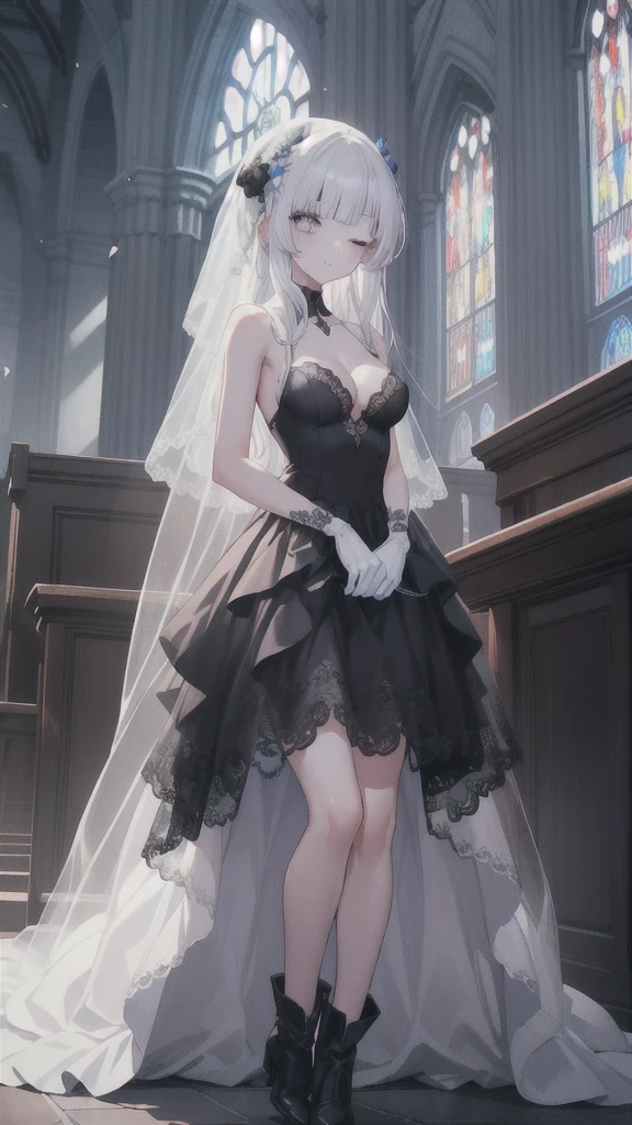 A girl，，long hair, Bangs, White hair, Hair between the eyes, Purple Eyes:（1.5),  (Medium breasts:1.2), 
rest  锁骨, Wedding dress，veil，wedding，Black dress，Flowers，dress，Black socks，Black knee socks，Black gloves，Long boots，Cleavage，
Looking at the audience, whole body, Open your mouth，lol，
indoors, church，permanent，permanent，微lol，With one eye closed，
rest (masterpiece:1.2), best quality, high resolution,  8k wallpaper, (illustration:0.8), (Beautiful and delicate eyes:1.6), Extremely detailed face, Perfect lighting, Extremely detailed CG, (Perfect hands, Perfect anatomical structure),