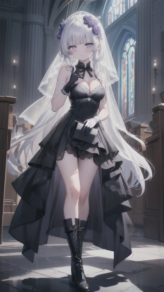 A girl，16 years old，long hair, Bangs, White hair, Hair between the eyes, Purple Eyes:（1.5),  (Medium breasts:1.2), 
rest  锁骨, Wedding dress，veil，wedding，Black dress，Flowers，dress，Black socks，Black knee socks，Black gloves，Long boots，Cleavage，
Looking at the audience, whole body, Open your mouth，lol，
indoors, church，permanent，permanent，微lol，With one eye closed，
rest (masterpiece:1.2), best quality, high resolution,  8k wallpaper, (illustration:0.8), (Beautiful and delicate eyes:1.6), Extremely detailed face, Perfect lighting, Extremely detailed CG, (Perfect hands, Perfect anatomical structure),