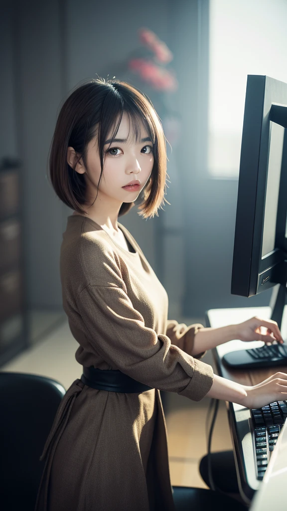 (Realistic, Super detailed, beautiful, Highest quality:1.2), break (nostalgic:1.6), (Full Body Shot:1.2), (Fashion model posing:1.2), (Detailed costume:1.4), (Trim your hair:1.4), Shiny Hair, (simple Blurred Background:1.4), (haze, fog:1.4), (accessories), ultra realistic clothing texture:1.2), Office casual attire、Gazing from afar at the computer on a messy desk、A thinking expression on his face、Wide angle side view of a stylish Japanese woman, (Blurred Background, Blurred Background:1.6),