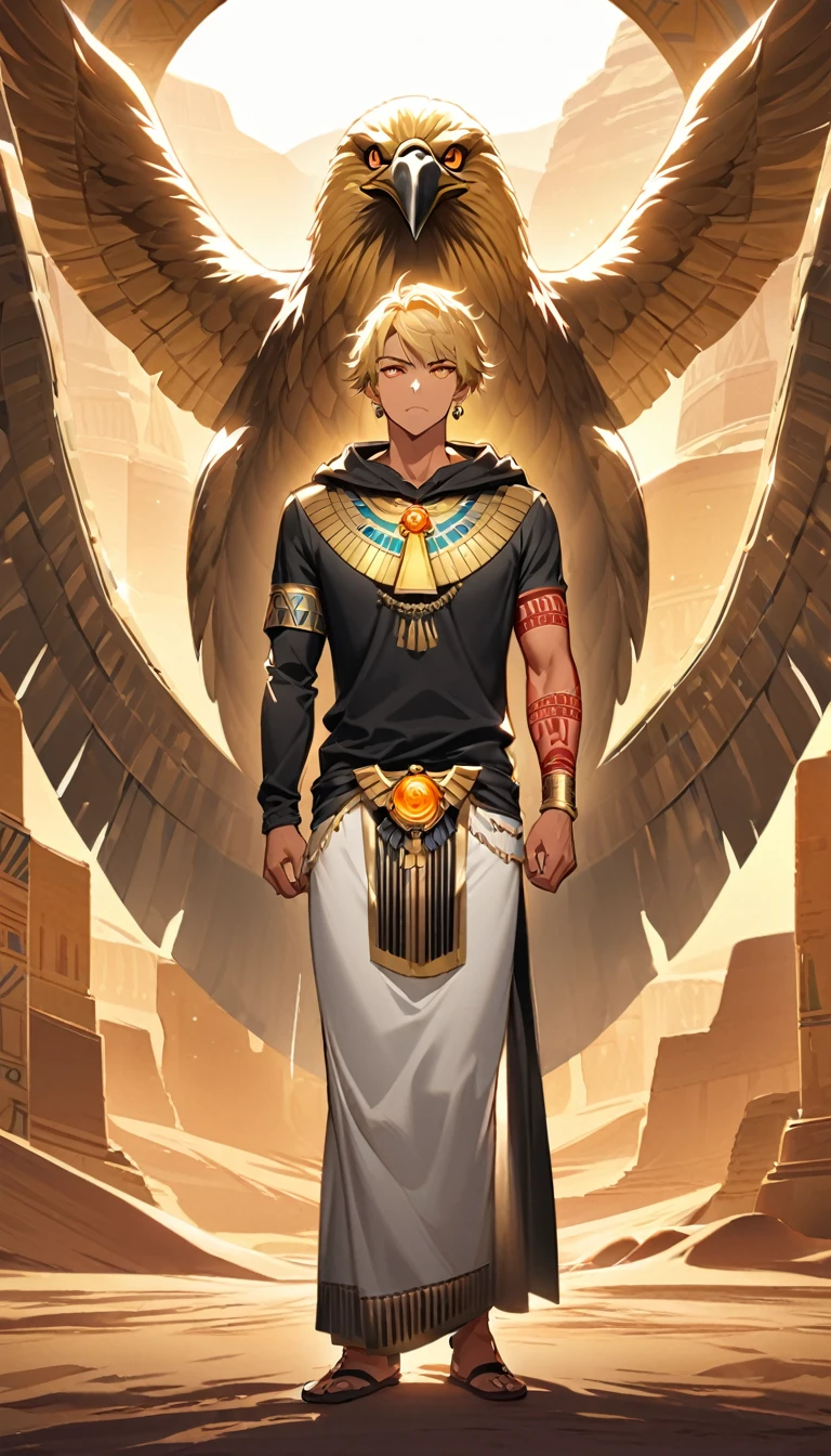Desert Background，Handsome young man, blond, Orange Eyes, short hair, Black Hoodie,high quality, Draw Amount, pixiv illustrations，Tanned skin，Red tattoo on the arm，(Egyptian style，Egyptian Dress Up)，sword，earrings，Sunlight，((Vision)),huge eagle，full-body shot