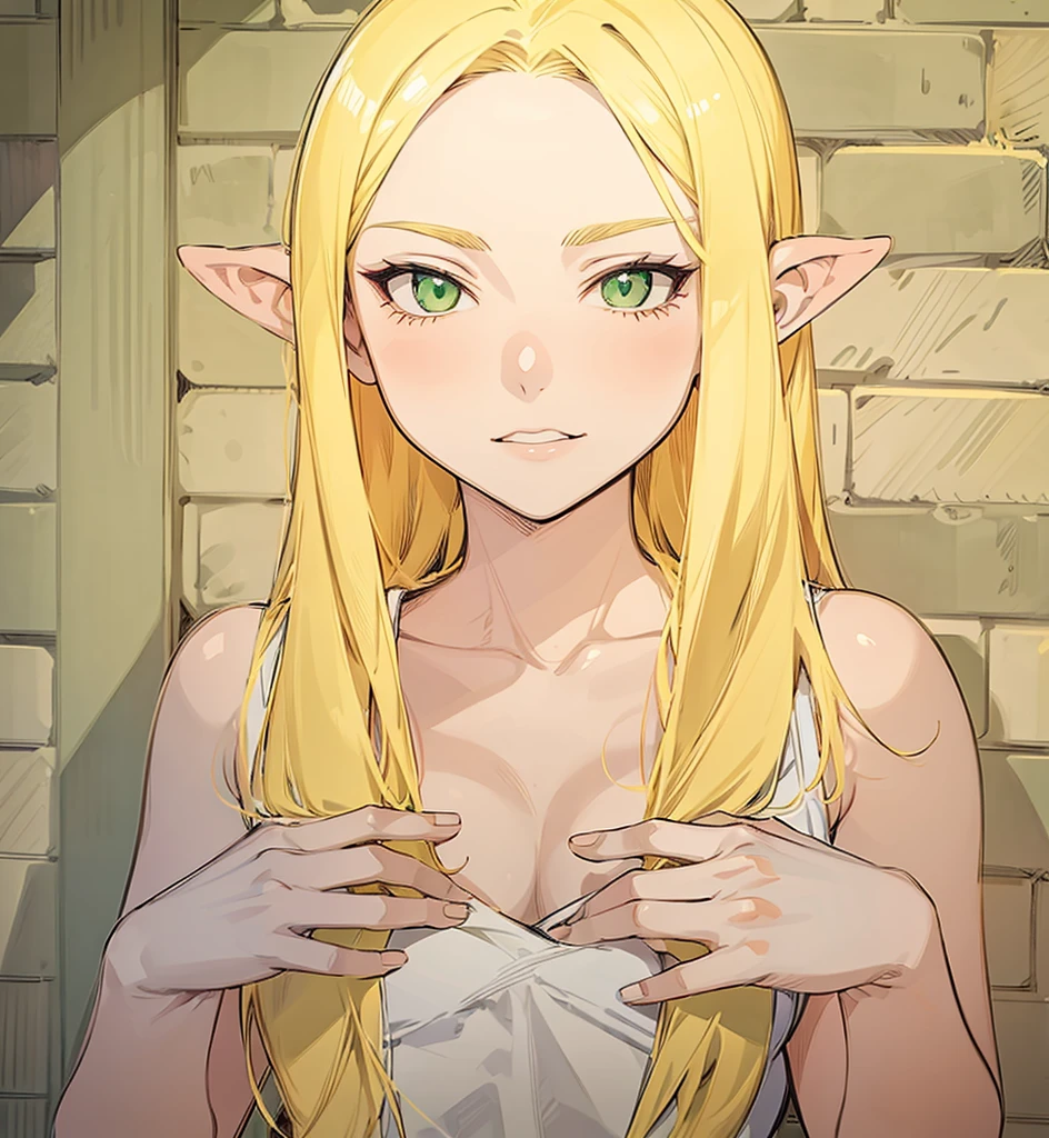 In Yusuke Murata style, Hold the pose, but draw with flat colors, cel shading, limited color palette and simplified lighting. a sexy girl . corpo sexy, green eyes, hair blonde, Eleven .