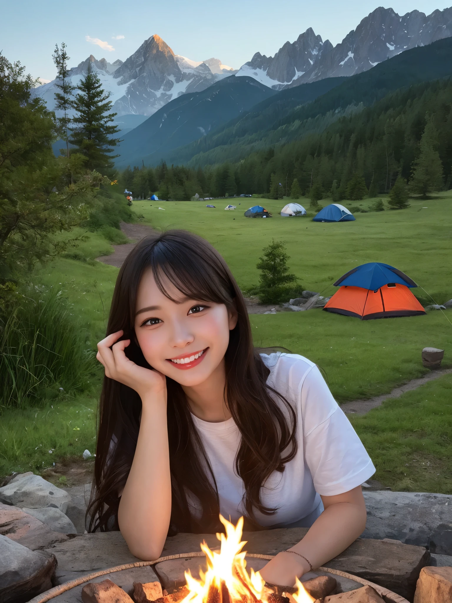 masterpiece, best quality, illustration, ultra-detailed, finely detailed, high resolution, 8K wallpaper, perfect dynamic composition, beautiful detailed eyes, summer camp, long hair, happy expression, smile, looking at camera, mountains, forest, campfire, tent