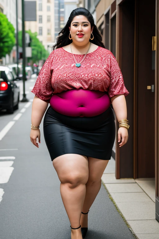 masterpiece, best quality, live action photo, 140kg extremely obese woman, large stomach, mini skirt, high heel, necklace, earring, bracelet