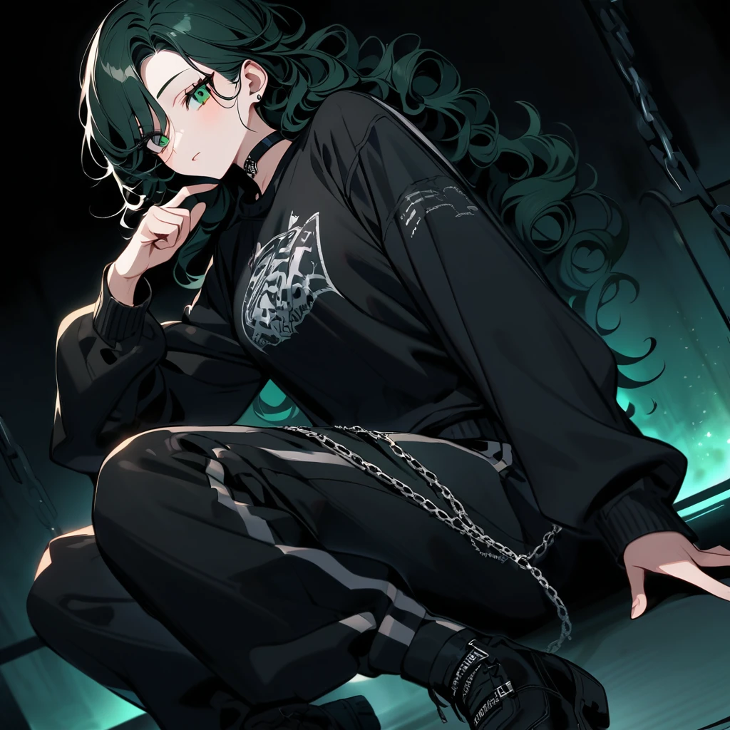 (well done:1) woman, long black curly hair, gray left eye, dark green right eye, black choker, black sweatshirt with white details, black sweatpants with some chains around them, black boots.