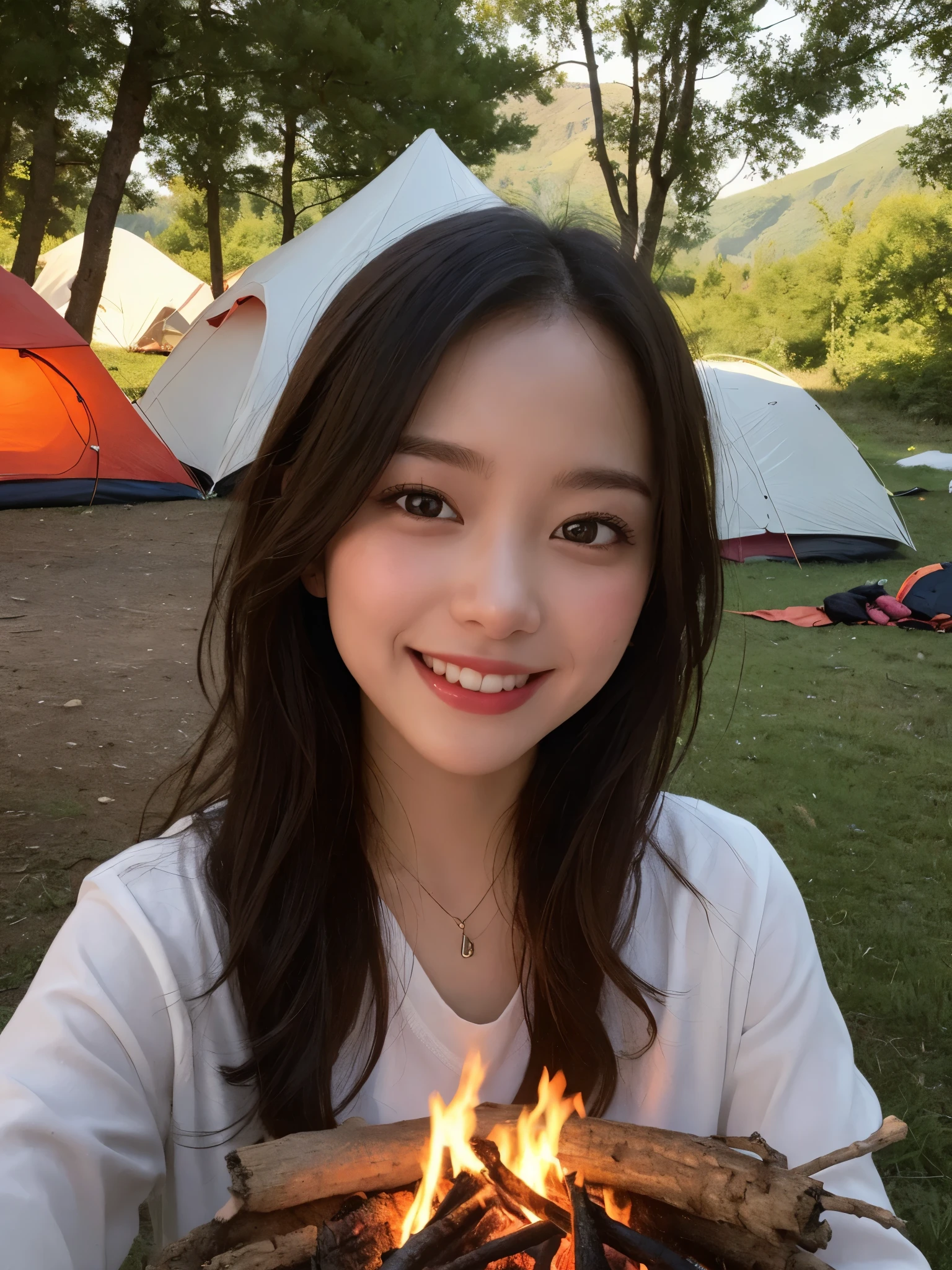 masterpiece, best quality, illustration, ultra-detailed, finely detailed, high resolution, 8K wallpaper, perfect dynamic composition, beautiful detailed eyes, summer camp, long hair, happy expression, smile, looking at camera, mountains, forest, campfire, tent