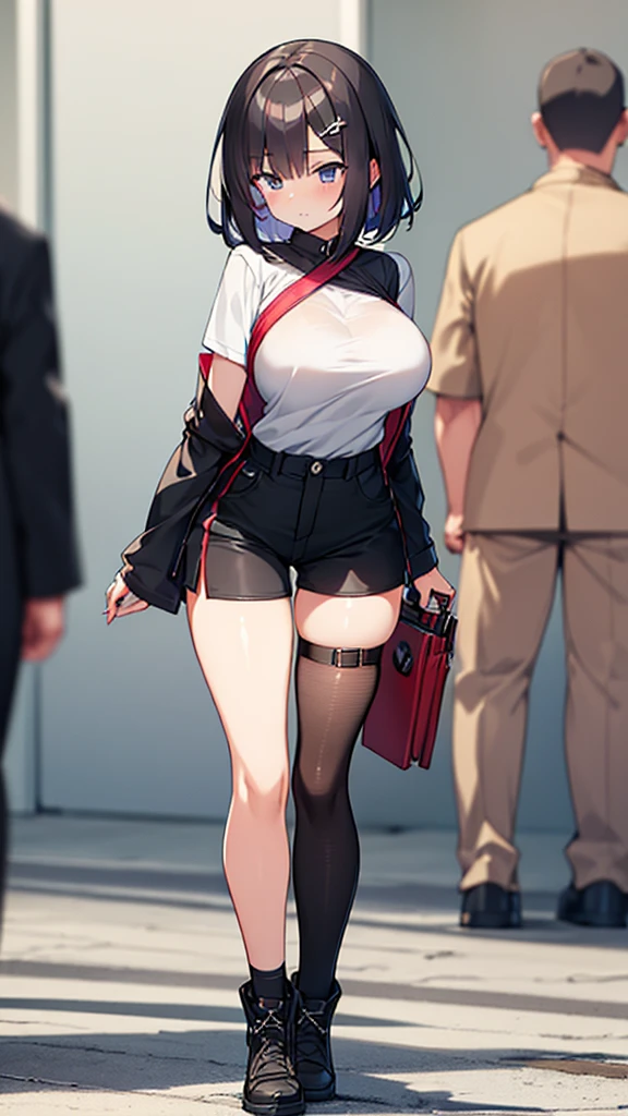 Full body image, front, One girl, 18-year-old, Mix 4, (32K, RAW Photos, Highest quality, masterpiece:1.2), (Anime-like, photoAnime-like:1.37), cute, Short sleeve T-shirt,Shorts,Black knee socks, night, rain, Humidity, Professional Lighting, Photon Mapping, Radio City, Physically Based Rendering, Super Resolution, (Big Breasts:1.2), {{The biological weapon that had preyed on the younger sister took her place and reunited with the older brother, The rebellious little sister has become the obedient little sister}}, Girl Skull, whole body, NSFW