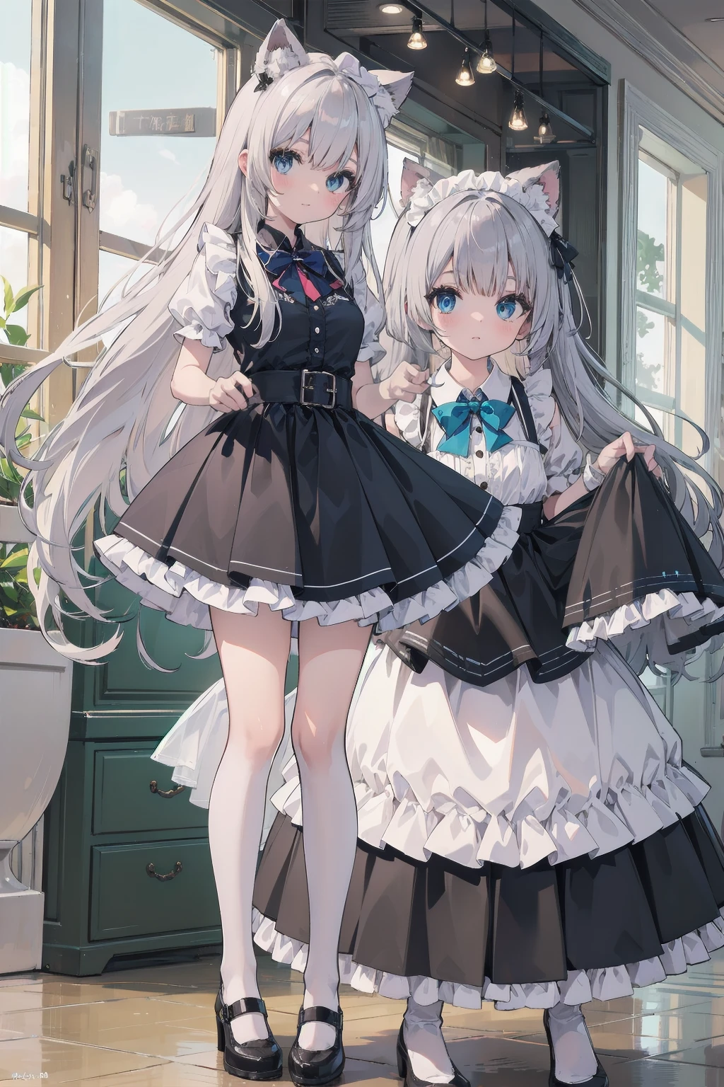 (Animal ears), Light silver hair, blue eyes, French maid cosplay, Full body pose, A carefree and fleeting expression, (masterpiece), (Highest quality), (非常にdetailedな), more_detailed:-1, more_detailed:0, more_detailed:0.5, more_detailed:1, more_detailed:1.5, Shine