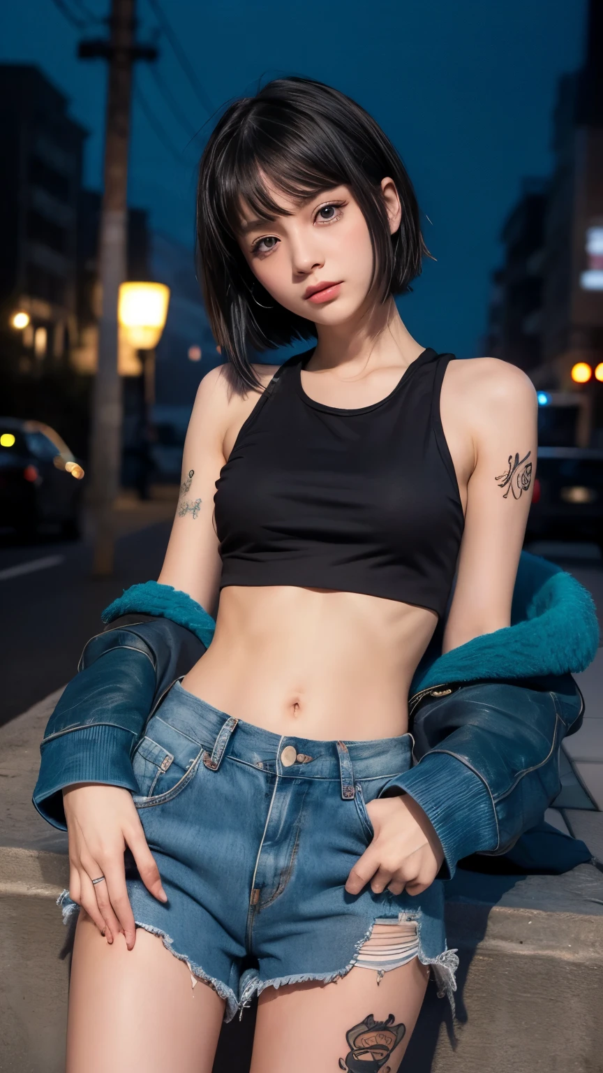 High resolution、1 female、girl、Black Hair、short hair、Slanted Eyes、blue eyes、thin、hoodie、fur、Tank top、Shorts、belly button、Tattoo stickers、Night view