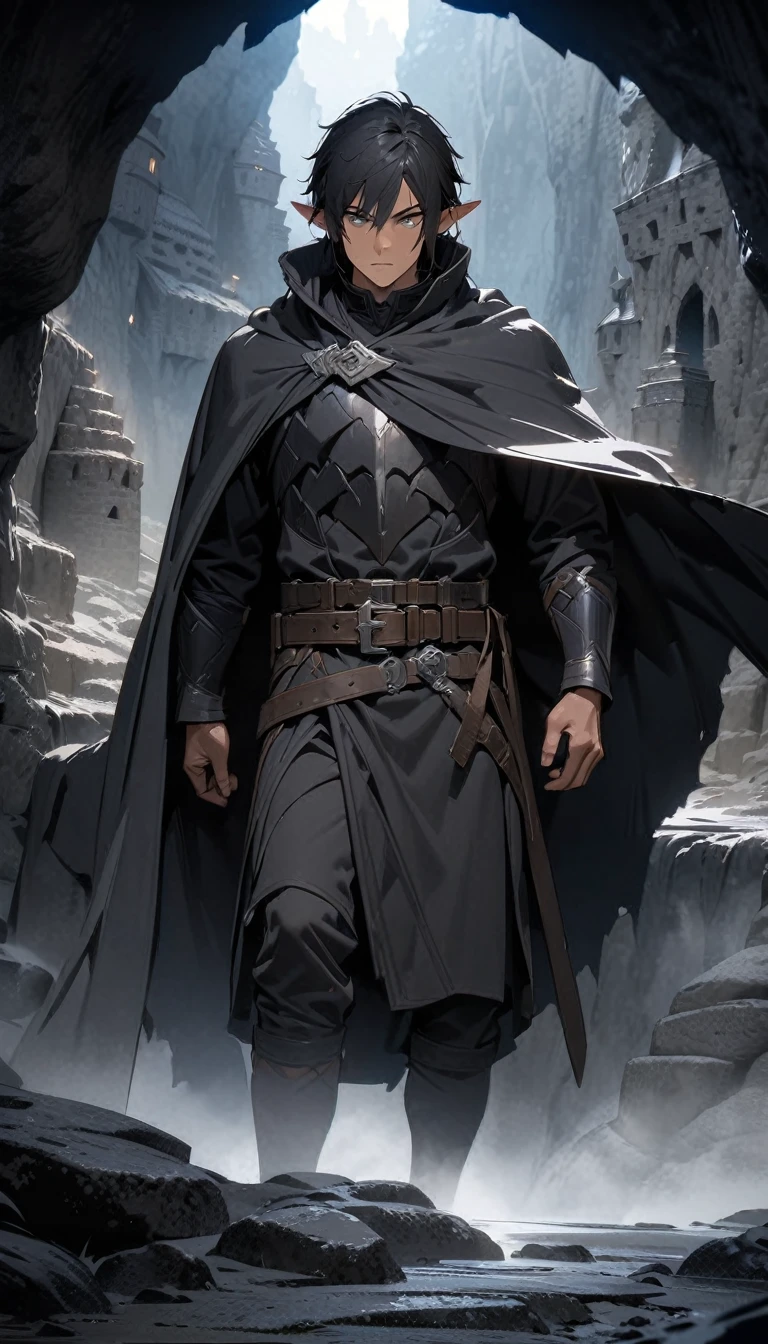 Extremely detailed, 2D, 4K, (best quality, masterpiece), (dark elf male, 1 man), Black Hair, Dark skin, Gray eyes, (Dark Smooth Armor, cloak), belt, small scar, Male focus, Full body portrait, fantasy, Pitch-black cave, Dungeons, stone buildings, Dark, FOG, Dark gray blue light, (calm)