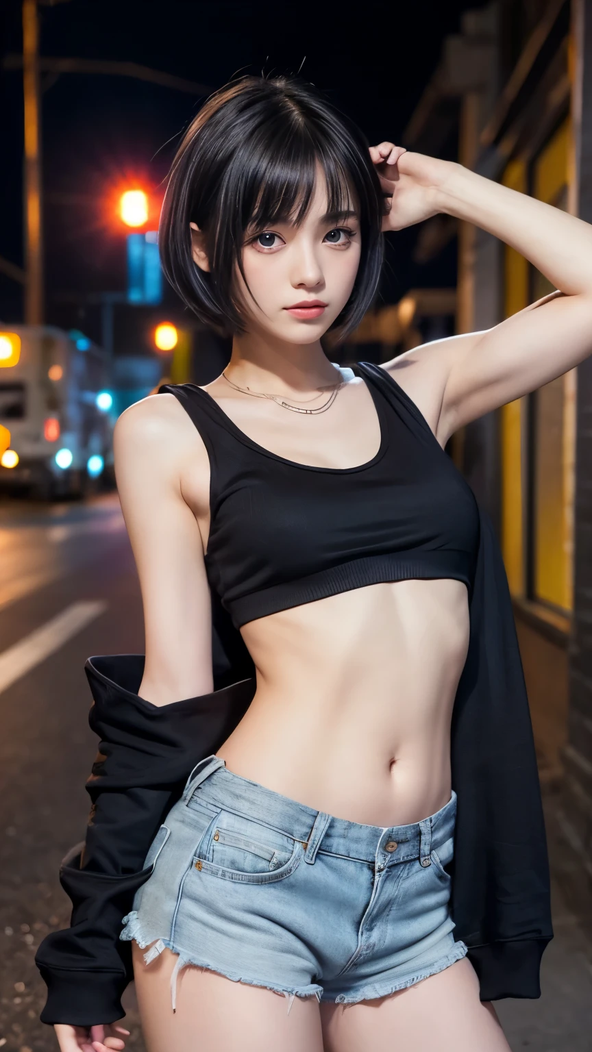 High resolution、1 female、girl、Black Hair、short hair、Slanted Eyes、blue eyes、thin、hoodie、fur、Tank top、Shorts、belly button、Tattoo stickers、Night view