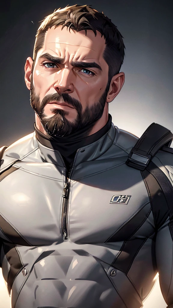 muscular mature man in his 40s, tight suit, realistic beard, extremely detailed face, detailed eyes, detailed nose, detailed lips, chiseled jawline, strong muscles, cinematic lighting, photorealistic, masterpiece, high quality, 8k, hyper detailed