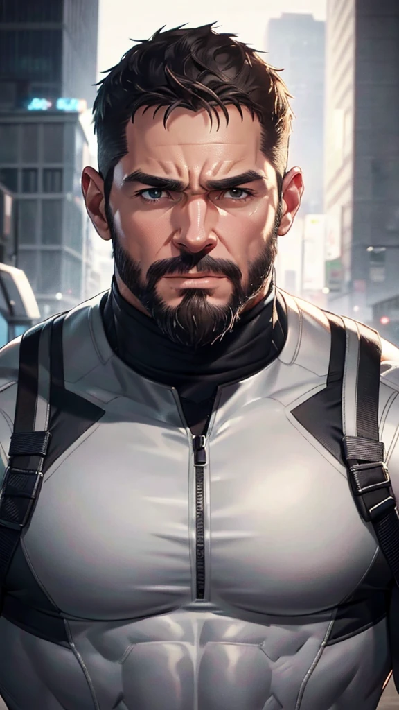 muscular mature man in his 40s, tight suit, realistic beard, extremely detailed face, detailed eyes, detailed nose, detailed lips, chiseled jawline, strong muscles, cinematic lighting, photorealistic, masterpiece, high quality, 8k, hyper detailed
