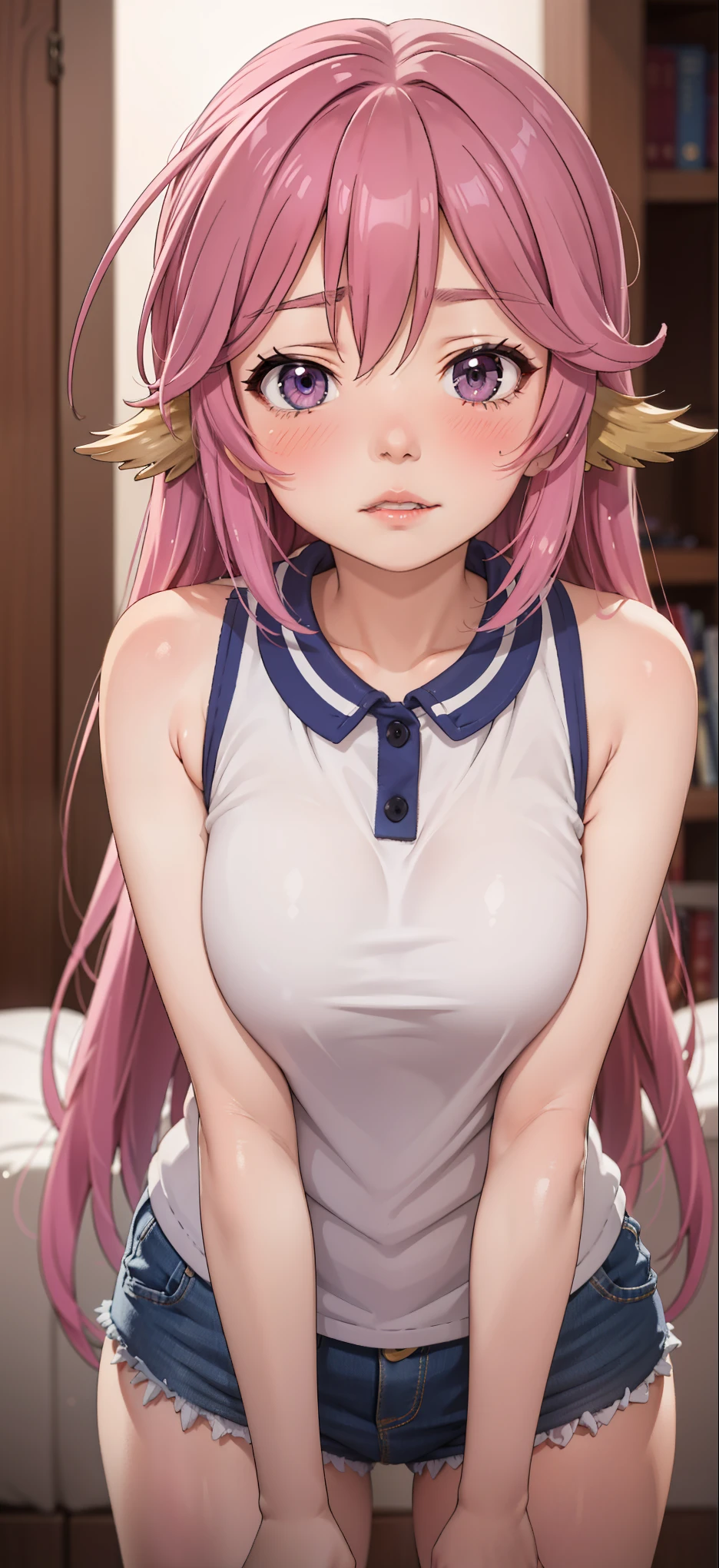 Jibril, (standing straight), blushed, perfect anatomy, detailed eyes, detailed lips, extremely detailed eyes and face, vivid colors, sharp focus, masterpiece:1.2, ultra-detailed, blushed, ((doggystyle)), (solo), sleeveless, fashion.