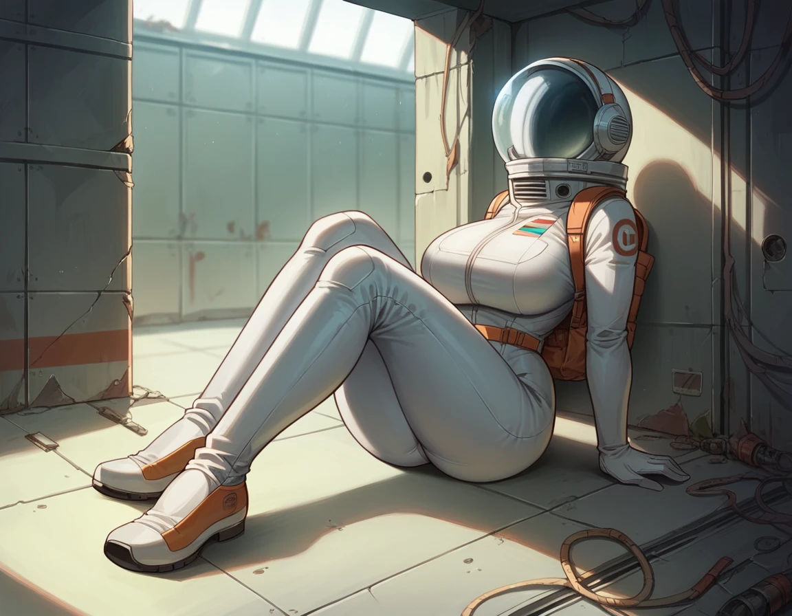 Masterpiece , best quality , Masterpiece , best quality , 1 woman , astronaut suit , wear a hat , big breasts , abdomen , Beautiful legs , Lie down on the floor. , Spread your legs , shoe , full body , abandoned factory