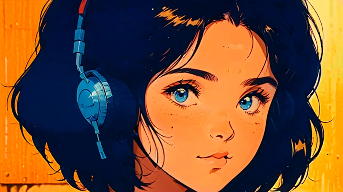 resolução ultra-alta, super detalhado, iluminação perfeita,GIRL WITH DETAILED FACE WITH FACE FORWARD, SHORT HAIR, BLUE EYES, small AND ROUNDED nose, 80s anime style GIRL, HEADPHONES, FACE CLOSE UP, speakers, speakers, radio, vintage 