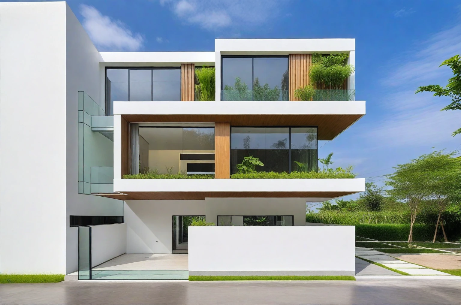 A hyper-realistic , a modern with a minimalist design, (very small house: 1.2) ,((with a facade less than 4 meters wide:1.2)), white and glass materials, wood, The house has a flat roof, large floor-to-ceiling glass windows, The garden includes various tropical plants and trees. (house as the showroom mini furniture:1.2), front view, elevation view