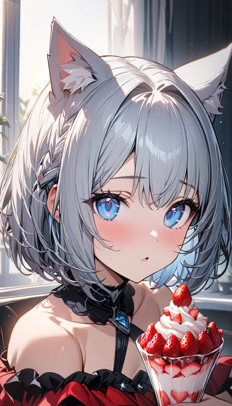 1girl、chibi、(((best quality)), ((masterpiece)), (details), masterpiece, best quality, high quality, ulutra detailed, perfect face, ((1girl, Blue eyes, cat ears: 1.3 silver bob hair: 2.5,)) 、Eat a strawberry parfait bigger than yourself、Sparkling effect、Heart effect、Off-the-shoulder dress、