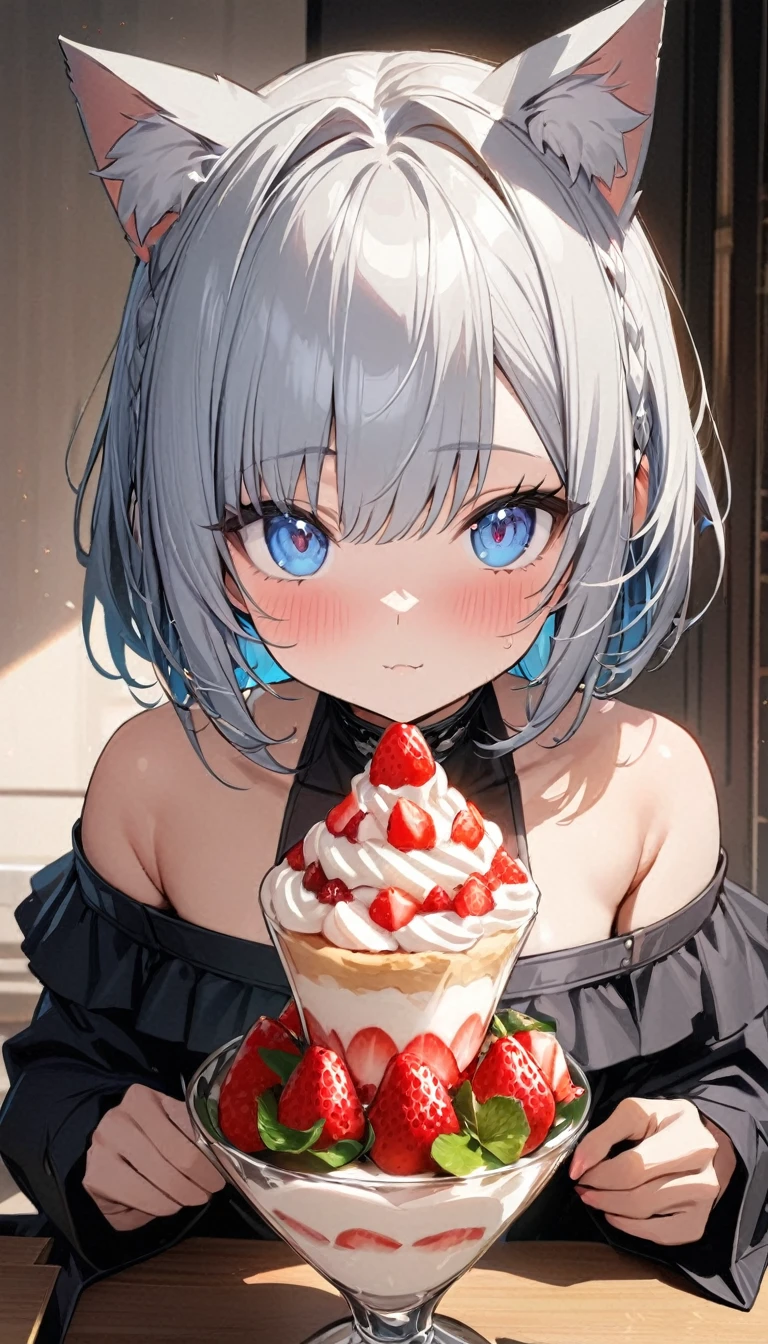 1girl、chibi、(((best quality)), ((masterpiece)), (details), masterpiece, best quality, high quality, ulutra detailed, perfect face, ((1girl, Blue eyes, cat ears: 1.3 silver bob hair: 2.5,)) 、Eat a strawberry parfait bigger than yourself、Sparkling effect、Heart effect、Off-the-shoulder dress、
