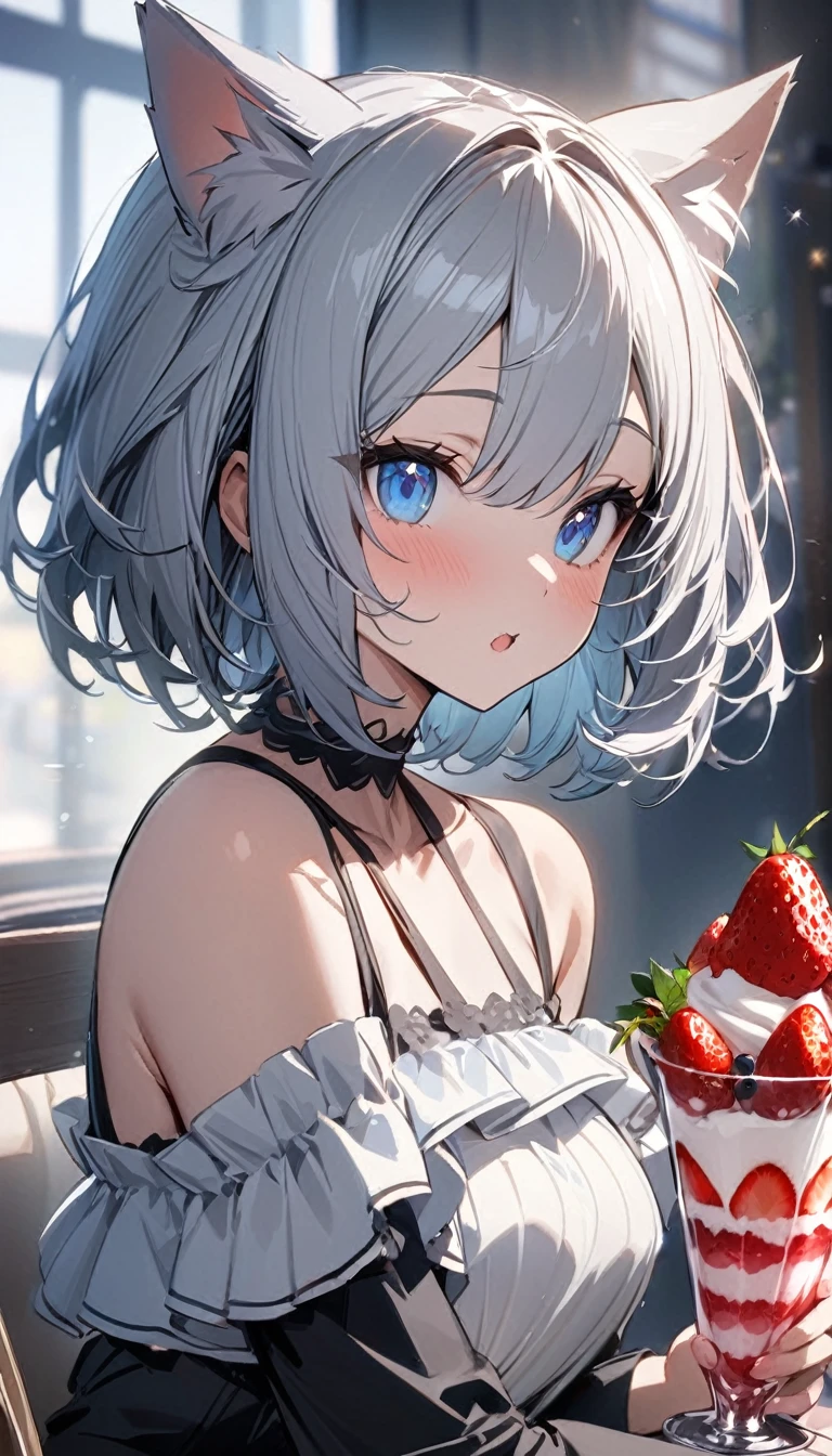 1girl、chibi、(((best quality)), ((masterpiece)), (details), masterpiece, best quality, high quality, ulutra detailed, perfect face, ((1girl, Blue eyes, cat ears: 1.3 silver bob hair: 2.5,)) 、Eat a strawberry parfait bigger than yourself、Sparkling effect、Heart effect、Off-the-shoulder dress、