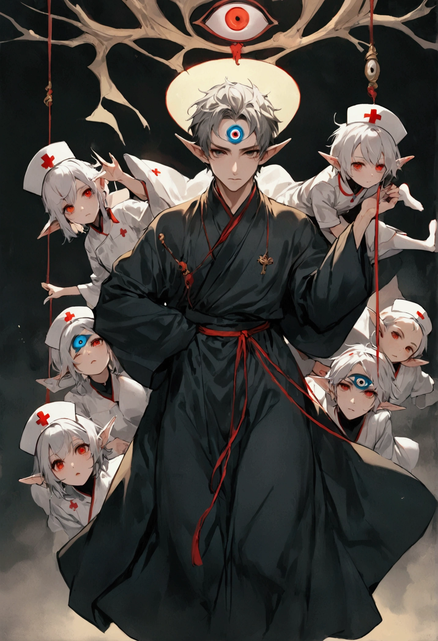 (((Boys short hair,独奏,third eye on the forehead,Elf ears))),(((robe:1.6,Eye Diagram,Dark Pattern))).(((Nurse hat,Carrying a string of eyeballs))),whole body,Death Stare Background。body movements