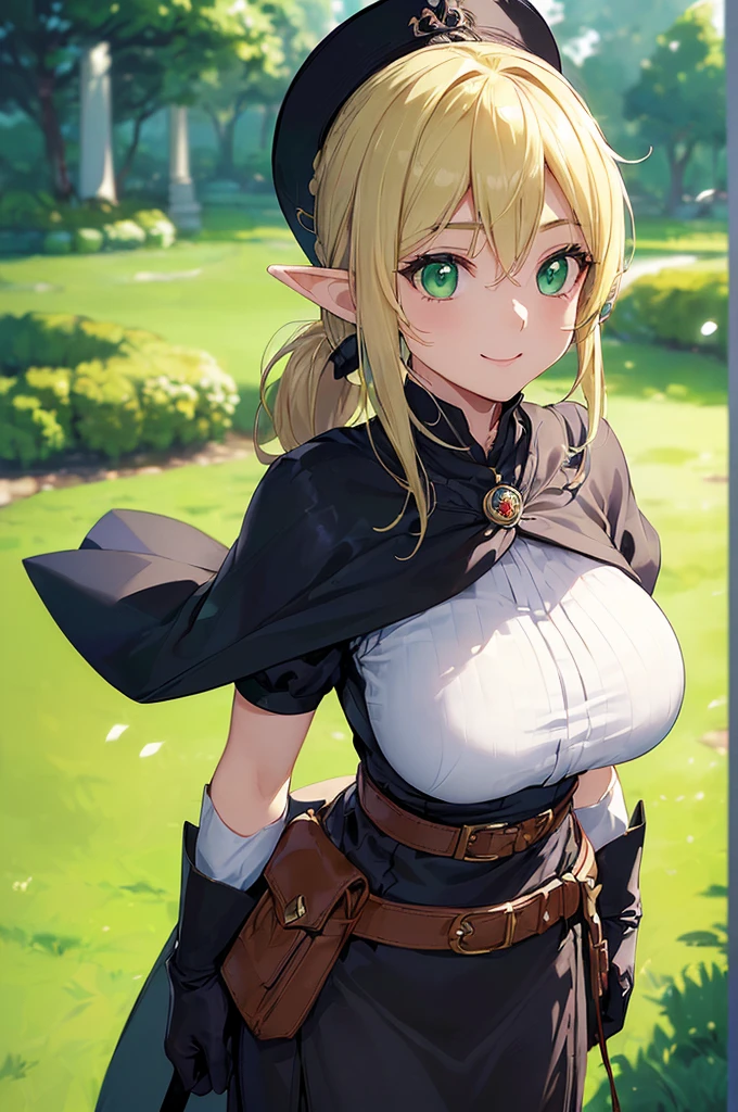 (((masterpiece; best quality: 1.2))), (finely detailed eyes: 1.3), (25 year old elf woman), (solo), (green eyes: 1.4), (body; big breasts, fit, femenine: 1.3), (silky blonde hair in low ponytail: 1.3), (beautiful and clear background: 1.2), ((depth of field)), (equipment: adventurer garb + modest + elegant wide-brimmed hat + dark blouse + dark cape + black long skirt + gloves + belt + pouches: 1.3), (anime illustration: 1.2), (background composition; royal garden: 1.1), (extremely fine and beautiful: 1.1), (shot composition; standing + centered on torso + close-up: 1.5), (expression; calm, smile: 1.2)