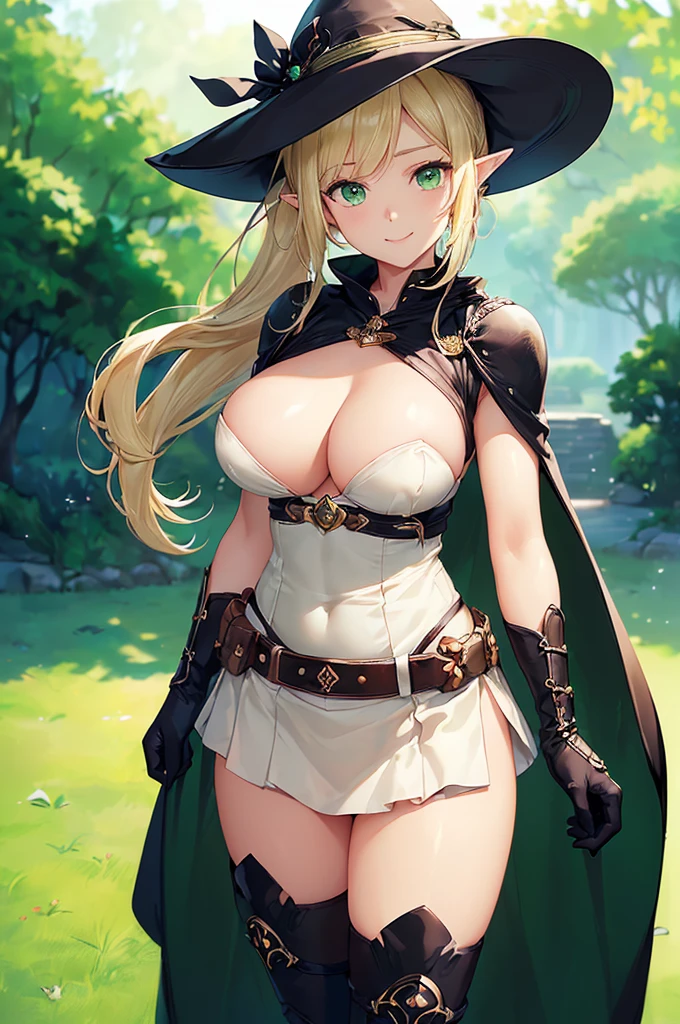 (((masterpiece; best quality: 1.2))), (finely detailed eyes: 1.3), (25 year old elf woman), (solo), (green eyes: 1.4), (body; big breasts, fit, femenine: 1.3), (silky blonde hair in low ponytail: 1.3), (beautiful and clear background: 1.2), ((depth of field)), (equipment: adventurer garb + modest + elegant wide-brimmed hat + dark blouse + dark cape + black long skirt + gloves + belt + pouches: 1.3), (anime illustration: 1.2), (background composition; royal garden: 1.1), (extremely fine and beautiful: 1.1), (shot composition; standing + centered on torso + close-up: 1.5), (expression; calm, smile: 1.2)
