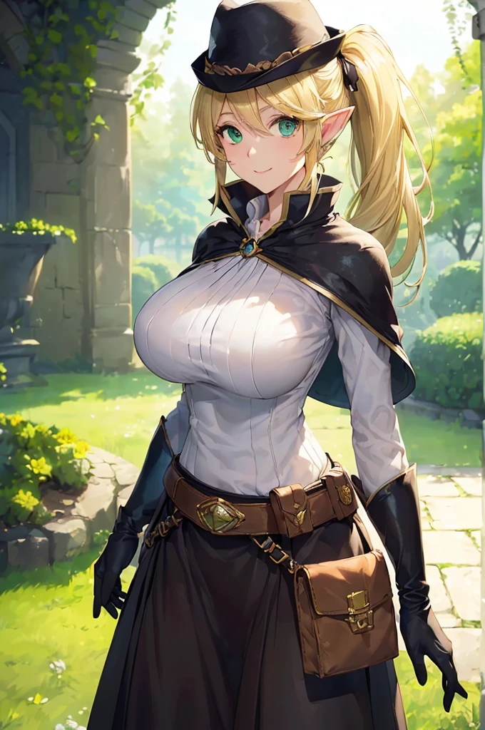 (((masterpiece; best quality: 1.2))), (finely detailed eyes: 1.3), (25 year old elf woman), (solo), (green eyes: 1.4), (body; big breasts, fit, femenine: 1.3), (silky blonde hair in low ponytail: 1.3), (beautiful and clear background: 1.2), ((depth of field)), (equipment: adventurer garb + modest + elegant wide-brimmed hat + dark blouse + dark cape + black long skirt + gloves + belt + pouches: 1.3), (anime illustration: 1.2), (background composition; royal garden: 1.1), (extremely fine and beautiful: 1.1), (shot composition; standing + centered on torso + close-up: 1.5), (expression; calm, smile: 1.2)