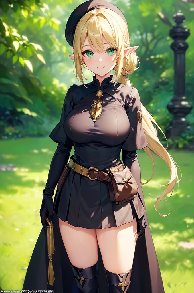 (((masterpiece; best quality: 1.2))), (finely detailed eyes: 1.3), (25 year old elf woman), (solo), (green eyes: 1.4), (body; big breasts, fit, femenine: 1.3), (silky blonde hair in low ponytail: 1.3), (beautiful and clear background: 1.2), ((depth of field)), (equipment: adventurer garb + modest + elegant wide-brimmed hat + dark blouse + dark cape + black long skirt + gloves + belt + pouches: 1.3), (anime illustration: 1.2), (background composition; royal garden: 1.1), (extremely fine and beautiful: 1.1), (shot composition; standing + centered on torso + close-up: 1.5), (expression; calm, smile: 1.2)