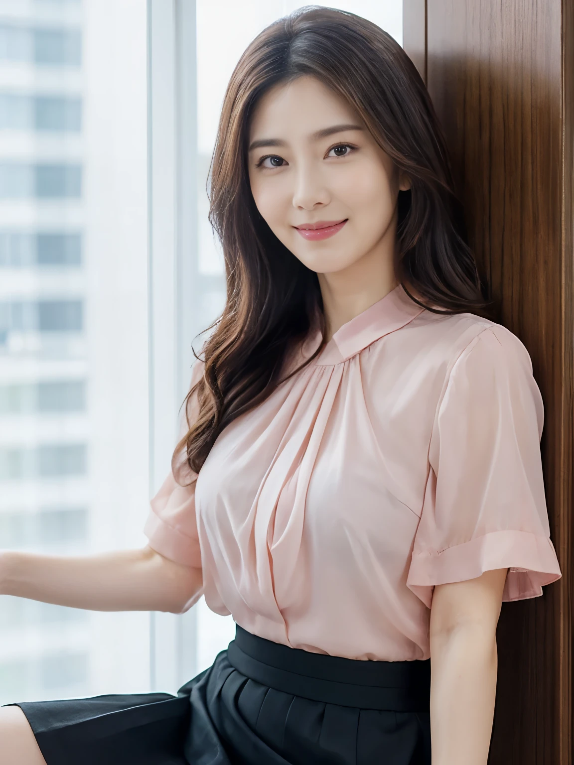 (Raw Photo), (Photorealsitic), (Masterpiece), (Best Quality), High Resolution, 8K, (Intricate Details), (Voluminous Light), Portrait, Female, (50 Years Old), Medium Hair, Straight Hair , layered hair, brown hair, very fine eyes, source order, very fine eyebrows, very fine skin, very fine mouth, very fine nose, cute like an idol, happy smile, (thick lips), (looking at the viewer), (Elegant Transparent Azalea Pink Short Sleeve Blouse and Black Skirt), waist shot, (Random body orientation),