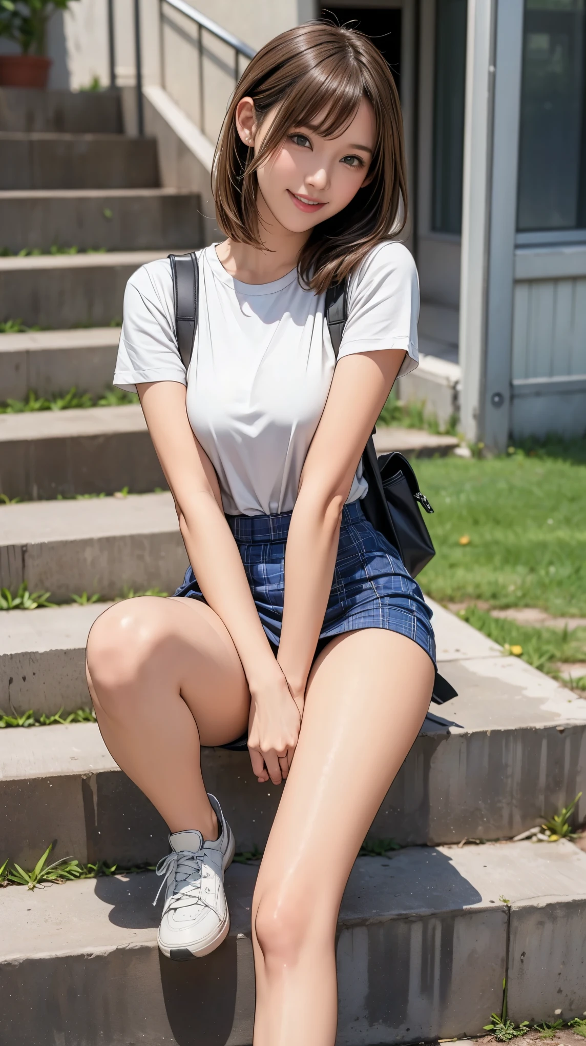 ((masterpiece)),(((Highest quality))),Thin thighs,Long legs,An 18-year-old high school girl standing on the school steps,White shirt,Blue and red plaid mini skirt:1.5,The best smile,White panties:1.5，Short-cut blonde:1.5，short side wave，Carrying a black backpack，Wearing sneakers:1.5，Spread your legs and show your panties:1.5，