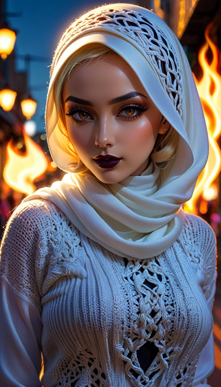 hijab knitted, knots, blonde,,  punchwork clothes, cosplay, photorealistic theme , lovely face, perfect body, dark lips,  ,   flaming,  WLOP,  breathtaking,  summer time, shadows,  reflections, breathtaking,  calm night , walking in the street , neon beams background