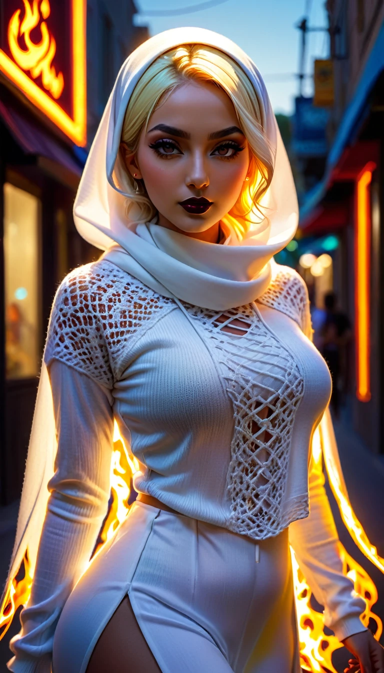 hijab knitted, knots, blonde,, punchwork clothes, cosplay, photorealistic theme , lovely face, perfect body, dark lips, , flaming, WLOP, breathtaking, summer time, shadows, reflections, breathtaking, calm night , walking in the street , neon beams background