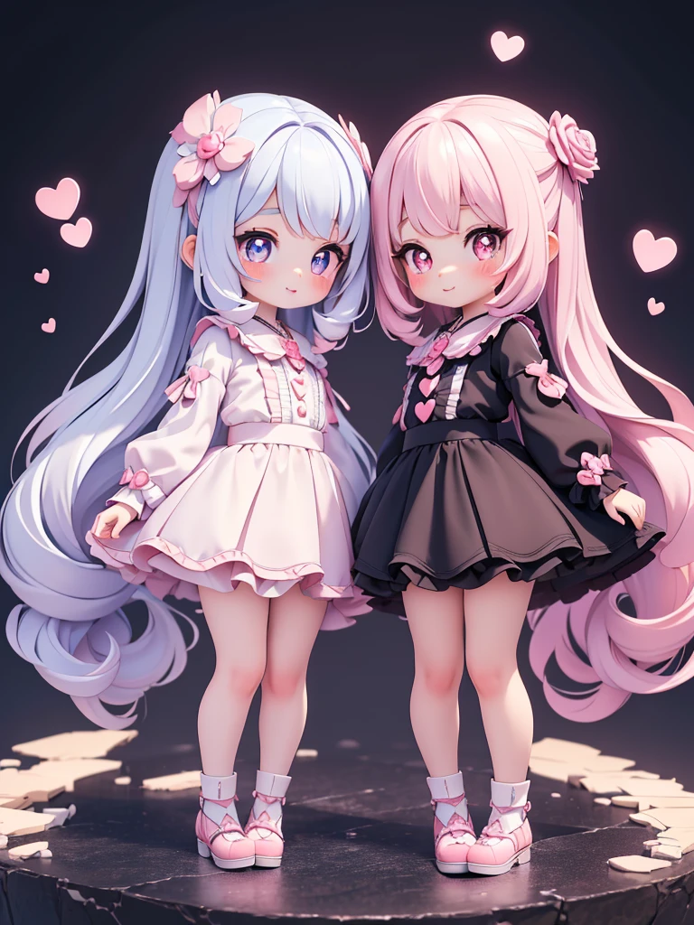 ((petite bishojo, little 2girls)), ((cute face)), ((heart shaped pupils)), ((masterpiece)), ((best quality)), ((ultra detailed)), ((exquisite)), ((depth)), ((crisp)), ((8k)), ((beautiful and aesthetic)), ((super detailed skin)), ((high standard)), ((highres)), ((perfect anatomy)), (full body), (blush), (lipstick), (sickly cute), ((kawaii pose)), (white, blue, black)