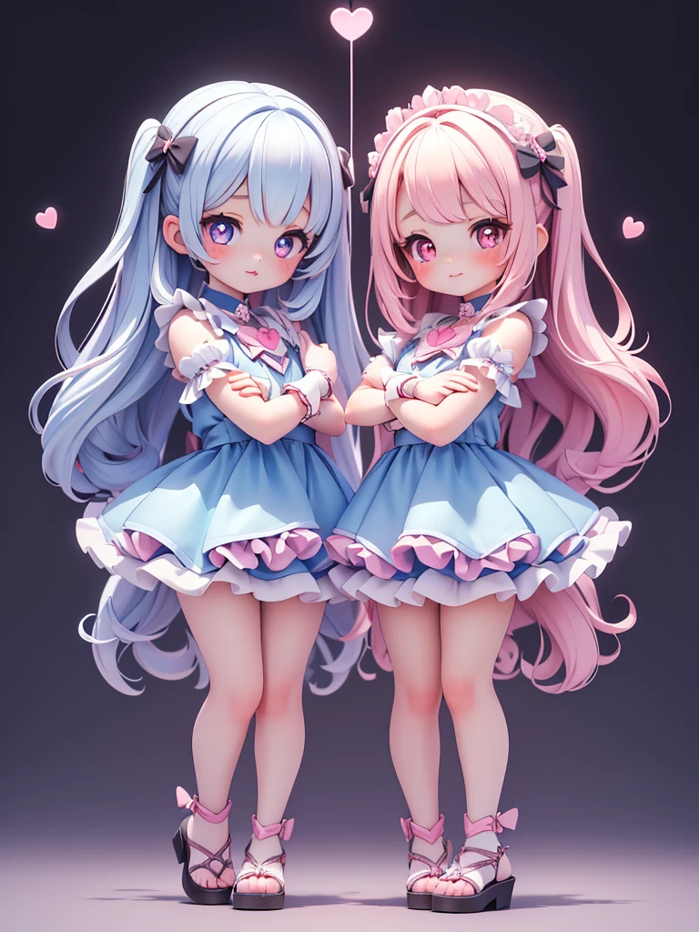 ((petite bishojo, little 2girls)), ((cute face)), ((heart shaped pupils)), ((masterpiece)), ((best quality)), ((ultra detailed)), ((exquisite)), ((depth)), ((crisp)), ((8k)), ((beautiful and aesthetic)), ((super detailed skin)), ((high standard)), ((highres)), ((perfect anatomy)), (full body), (blush), (lipstick), (sickly cute), ((kawaii pose)), (white, blue, black)