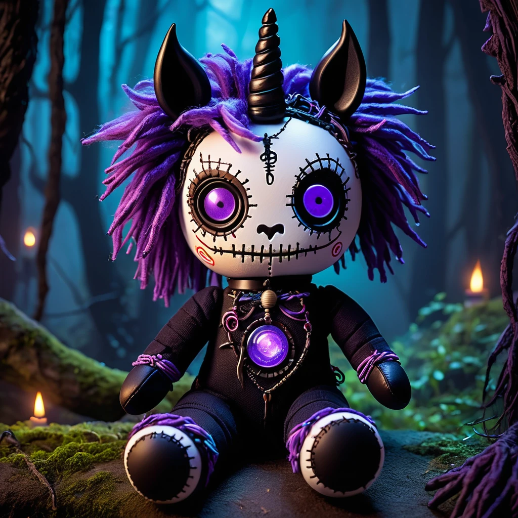 (knitted toy voodoo doll:1.7), (Voodoo Dark Unicorn:1.3), (Clothing: shadowy mane with glowing purple eyes:1.0), (Accessories: enchanted obsidian horn, glowing cursed amulet, mystical dark mist:1.2), (background: moonlit forest with floating, glowing orbs and eerie whispers:1.2), best quality, masterpiece, detailed soft oil painting, detailed background, dramatic cinematic lighting, soft edge lighting, professional, dramatic lighting, hard edge lighting, ultra quality, 4k,masterpiece, best quality, 8k, ultra highres, highres, extremely detailed