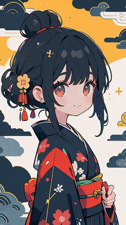 One girl, black_hair, Topknot, kimono, Japanese_Clothes, smile