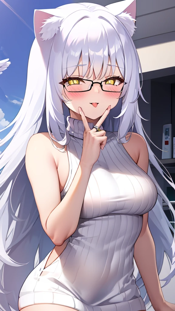 A 20-year-old female angel with long hair, white hair, yellow eyes, cat ears, breasts, and white angel wings. A glowing yellow halo ring overhead. Wear round glasses (White halter turtleneck sweater, white purekiller sweater, sleeveless, sexy backless sweater, white dress) white arm warmers Open your mouth, stick out your tongue, stand and look down.