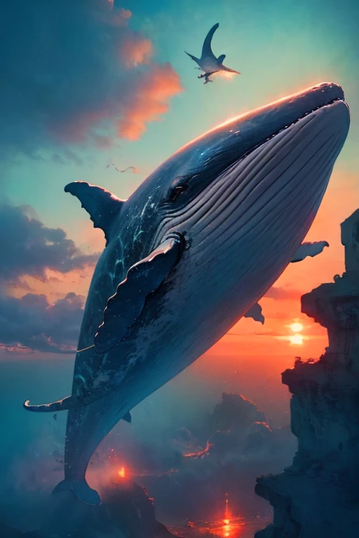 giant flying whale in the sky, realistic fantasy photography, fantasy photography, matte painting ”, matte painting”, breathtaking fantasy art, photomanipulation, flying whale, surrealistic digital artwork, flying whales, realistic fantasy illustration, majestic matte painting, surreal and fantasy art, beautiful digital artwork, photo manipulation, 3 d render and matte painting