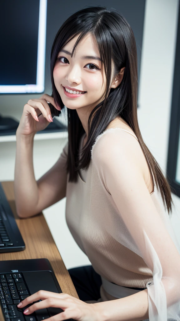 (Realistic, Super detailed, beautiful, Highest quality:1.2), break (nostalgic:1.6), (Full Body Shot:1.2), (Fashion model posing:1.2), (Detailed costume:1.4), (Trim your hair:1.4), Shiny Hair, (simple Blurred Background:1.4), (haze, fog:1.4), (accessories), ultra realistic clothing texture:1.2), Office casual attire、Gazing from afar at the computer on a messy desk、Smiling、An innocent smile、smile,teeth,Wide angle side view of a stylish Japanese woman, (Blurred Background, Blurred Background:1.6),