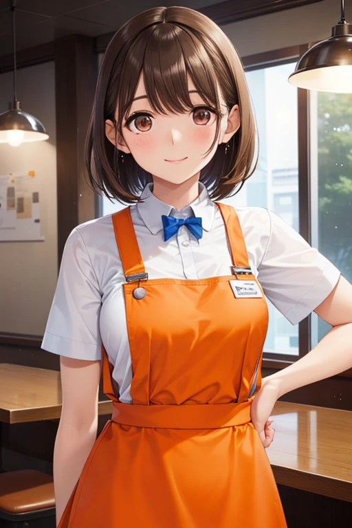 anegasaki nene、Shiny brown hair, short hair, (Beautiful brown eyes、Sparkling eyes, Fine grain)、smile、超detailedな目、非常にdetailedな顔, 非常にdetailedな目,


Highest quality, masterpiece, High resolution, detailed, Digital Art,
break, 
(One girl:1.3, alone), (waitress:1.3),, Pretty face, cute, 
break, 
(Orange Family Restaurant uniform:1.2), (orange suspender skirt:1.4),(Orange Apron:1.2), , (Orange high-waisted skirt:1.3), (Orange skirt and apron:1.3), (White shirt:1.2), Button gap,Short sleeve, Name tag,
break
at restaurant, indoor, Cinematic Light, cute, Happy, 
break, best ratio four finger anだ one thumb, Perfect Anatomy, Perfect Proportions,