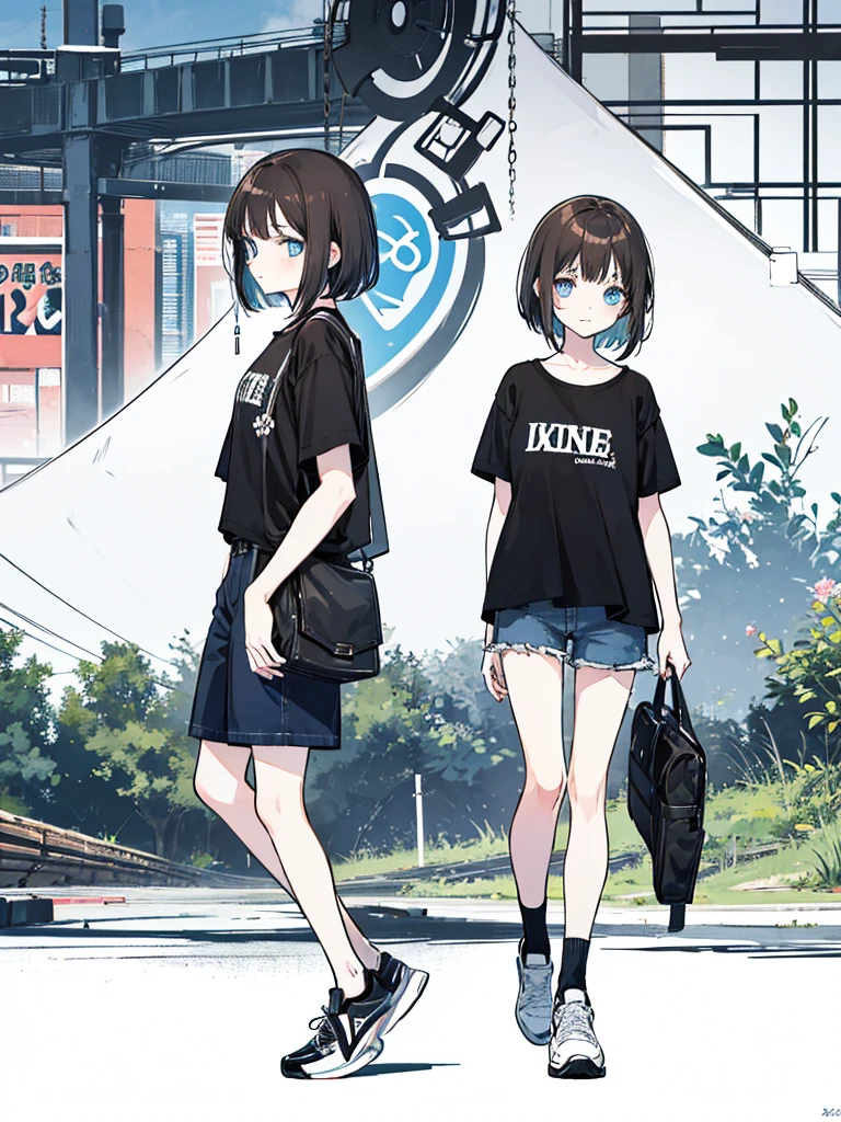 Anime teen girl 17 years old, brown short hair, black thight clothes, blue eyes, jean short pants, sneakers